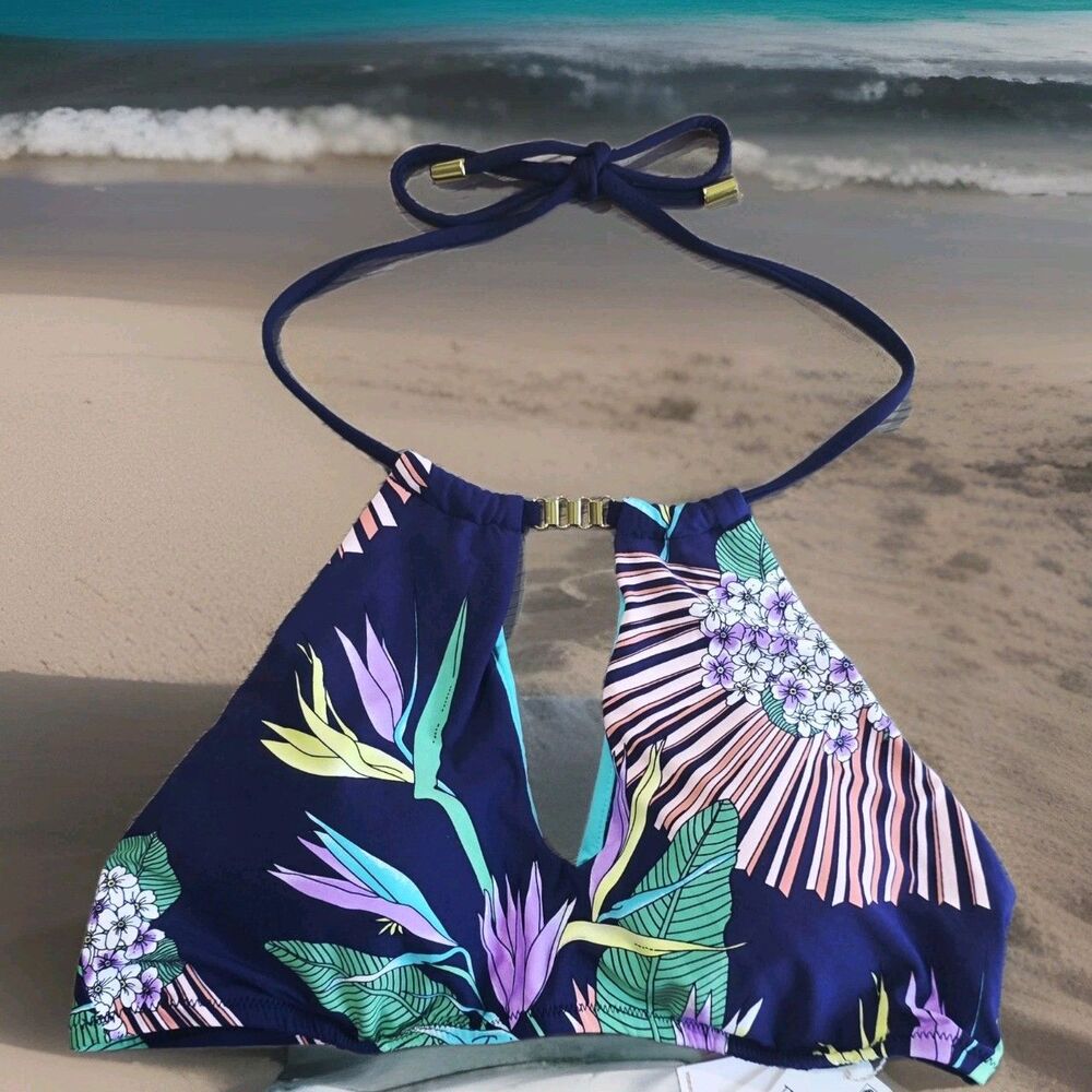 NEW $80 Trina Turk Bikini Top Sexy High Neck Halter Size 10 Tropical Paradise